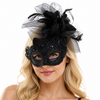 BLACK Women’s Feather Veil Masquerade Mask, Venetian Lace Fascinator Mask with Feathers, Carnival Eye Mask for Halloween Costume Party