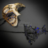 Authentic Venetian masquerade mask inspired by Phantom of the Opera mask for male in gold and black. Women's masquerade mask is in black with blue rhinestones.