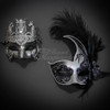 Couples Masquerade Masks | Feather Masquerade Mask Silver Black