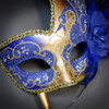 Handheld Stick Mask | Feather Masquerade Mask Blue Gold