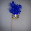 Handheld Stick Mask | Feather Masquerade Mask M6150 Gold Blue