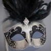 Handheld Stick Mask | Feather Masquerade Mask M6150 Black Silver