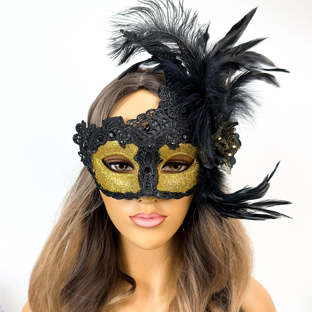Gold Black Masquerade Mask Mardi Gras Feather Masquerade Mask by Beyond Masquerade