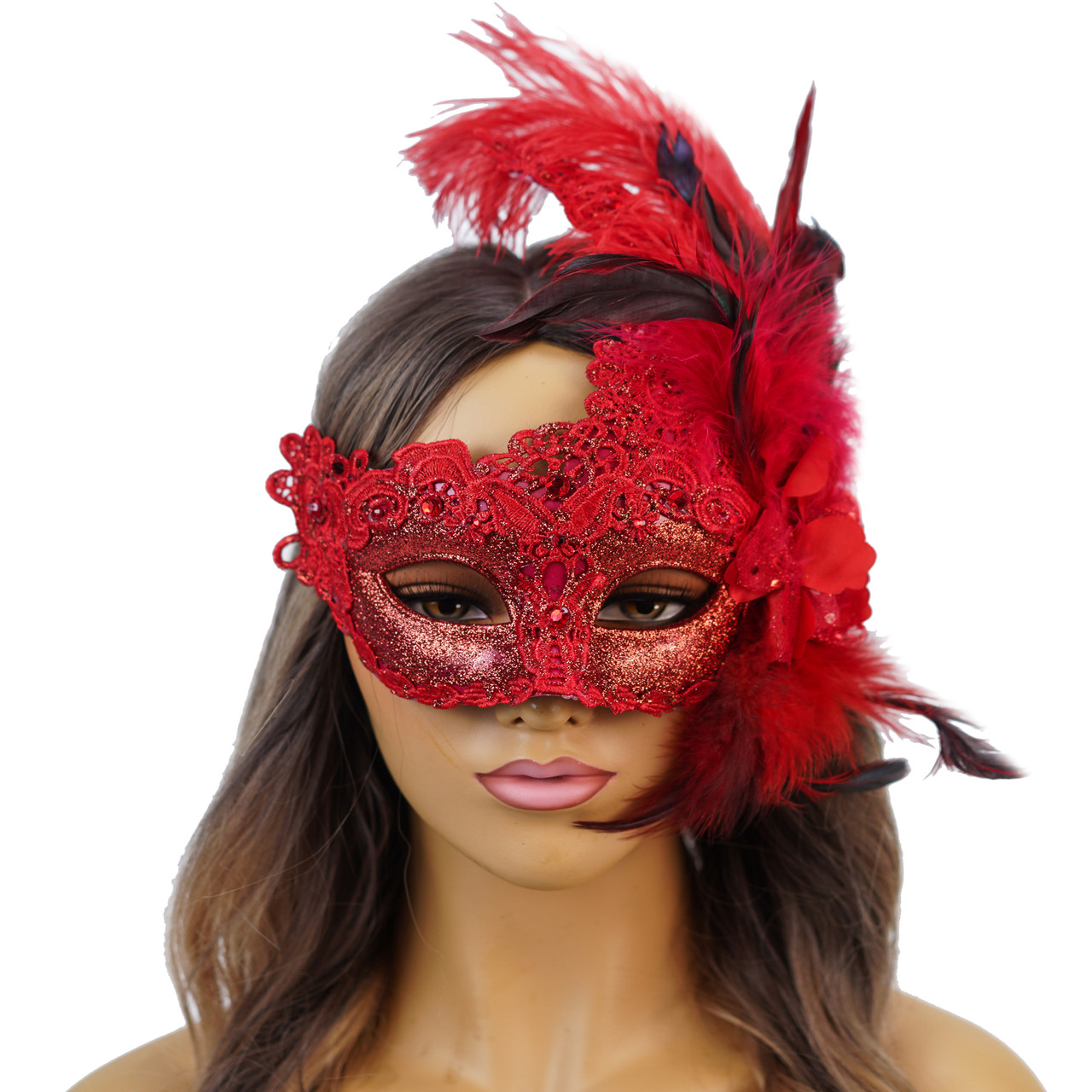 Black Red Feather Masquerade Mask for Women, Lace Mask, Metal