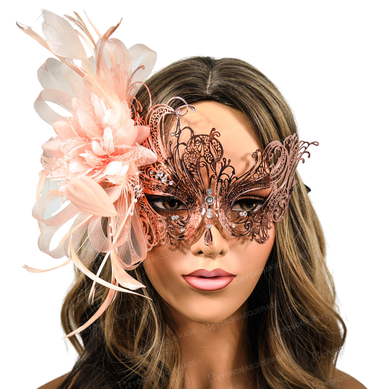 Lace Masquerade Mask with Luxury Feathers Rose Gold by Beyond Masquerade