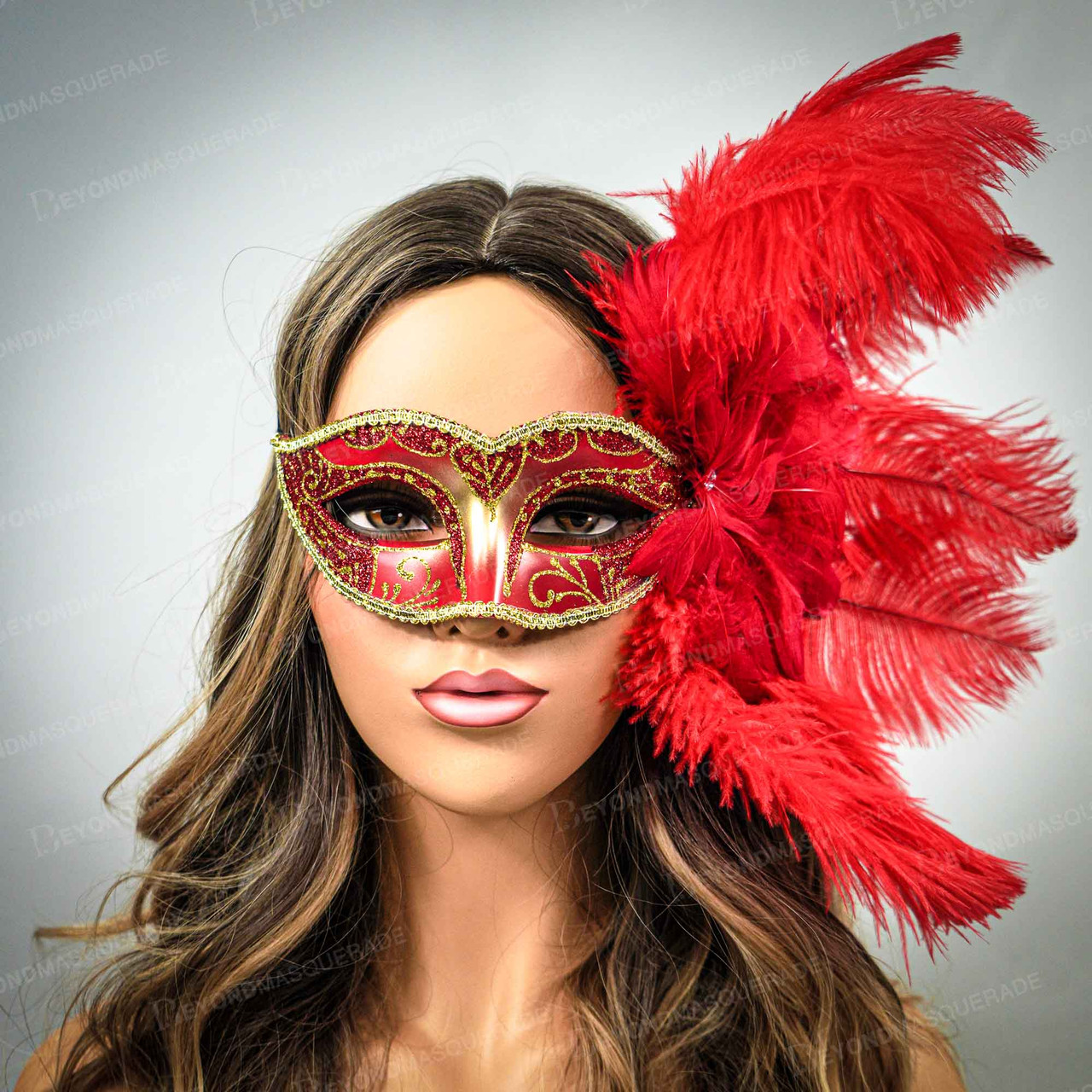 Feather Masquerade Masks Halloween Face Mask Feathers Masquerade Mardi Gras Party Mask Red