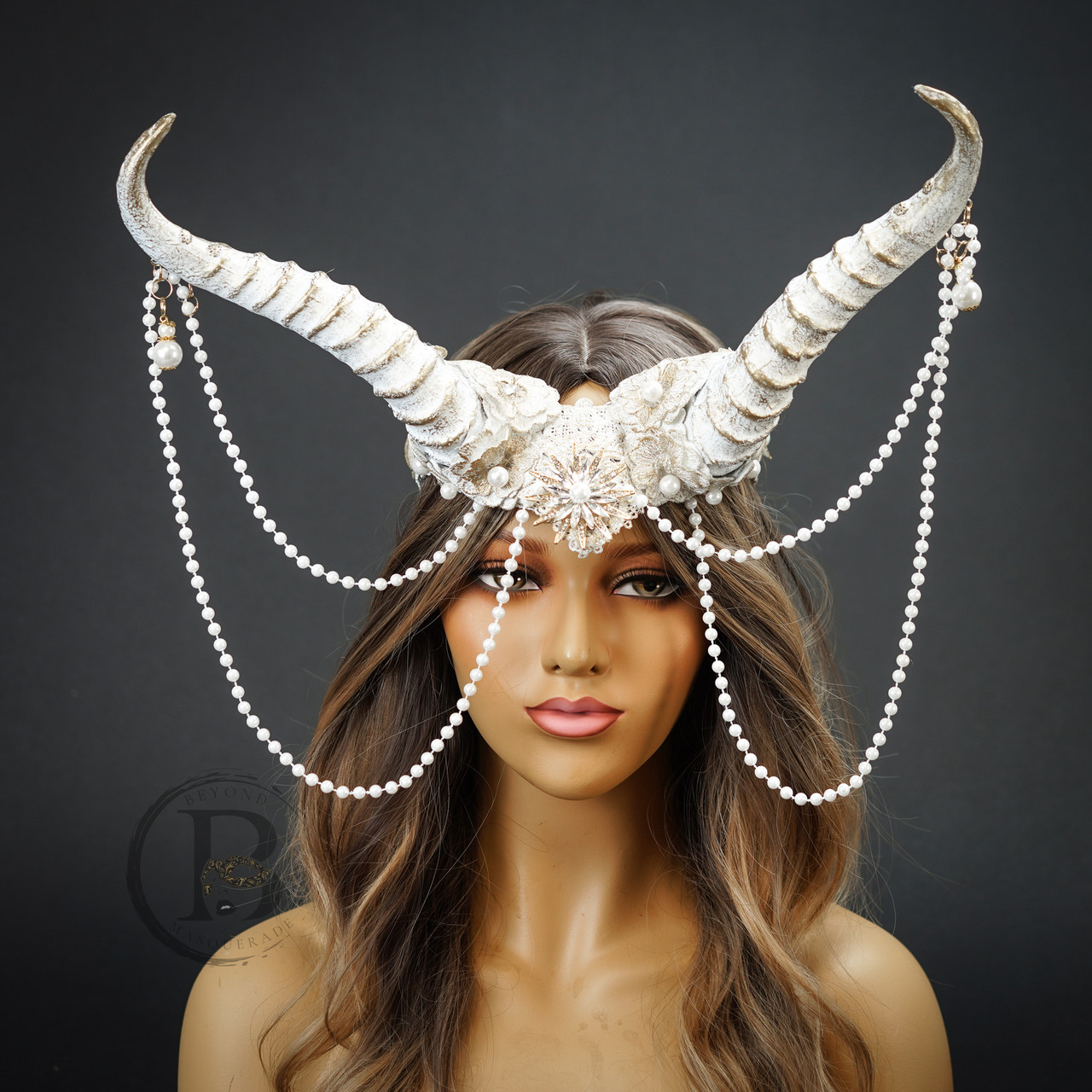 Fairy Ram Horn Mask Cosplay Masquerade Masks Fairy Ram Headdress Headpiece White with Pearl Chain