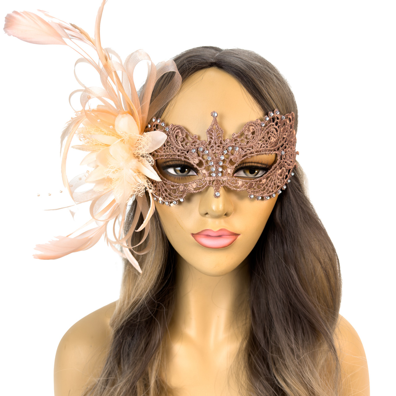Lace Masquerade Mask with Luxury Feathers Rose Gold by Beyond Masquerade