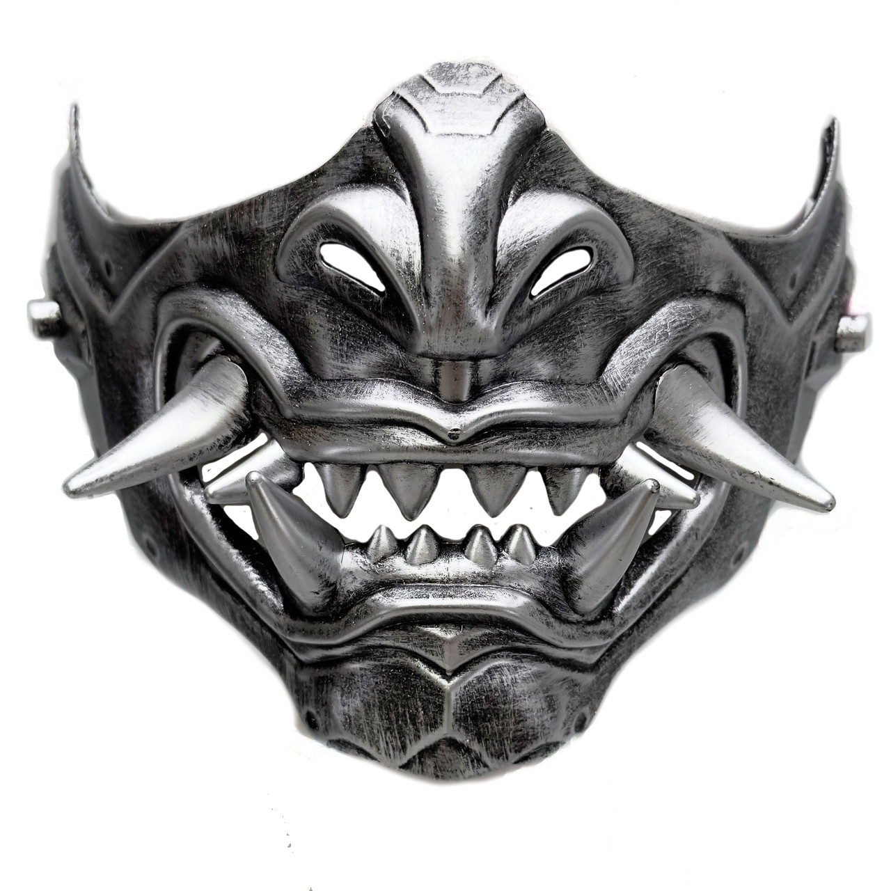 Oni Japanese Samurai Devil Warrior Ghost Mask Cosplay Masquerade Mask Jaw Teeth Skull Mouth Silver by