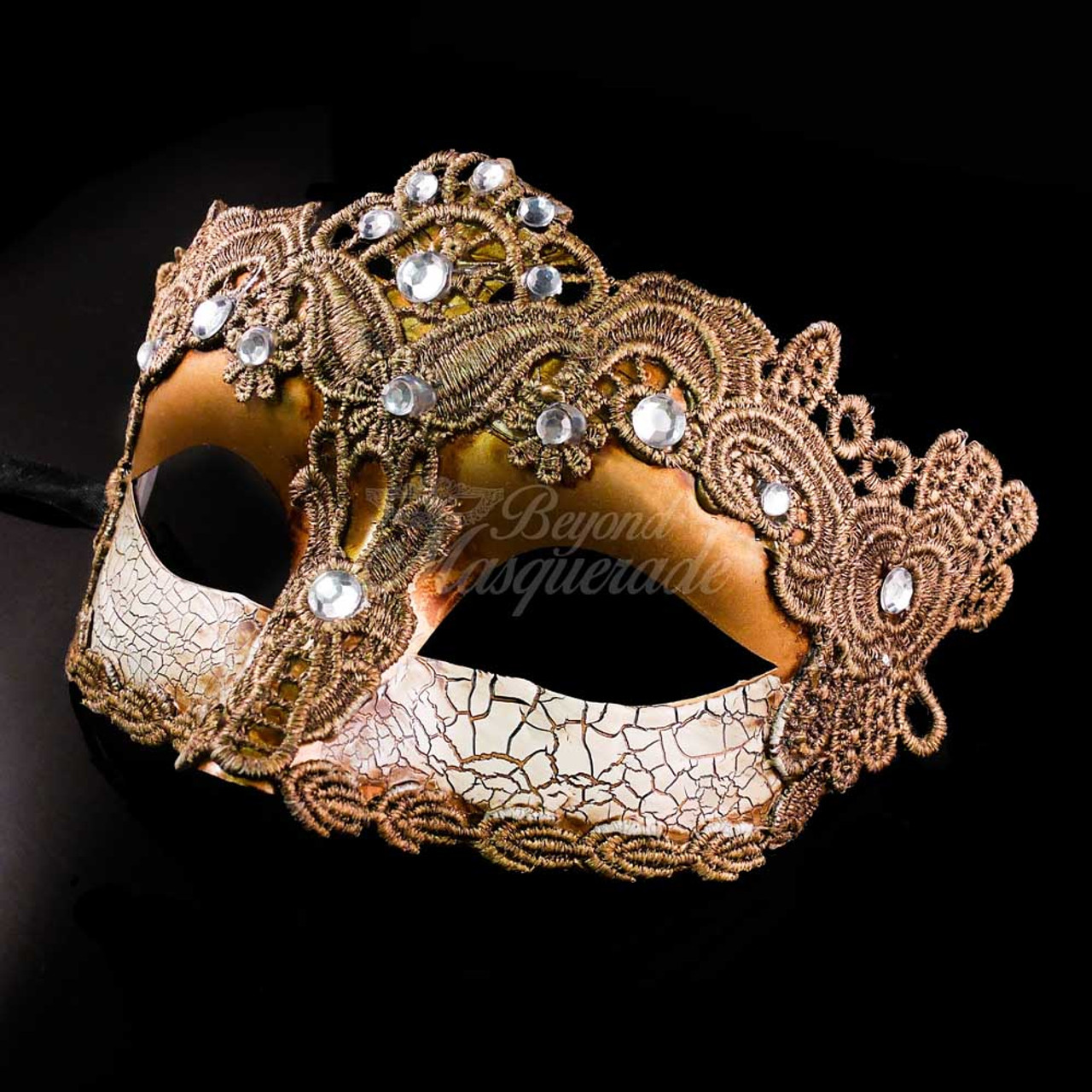 Gold Venetian Goddess Brocade Lace Masquerade Ball Mask with Rhinestones 