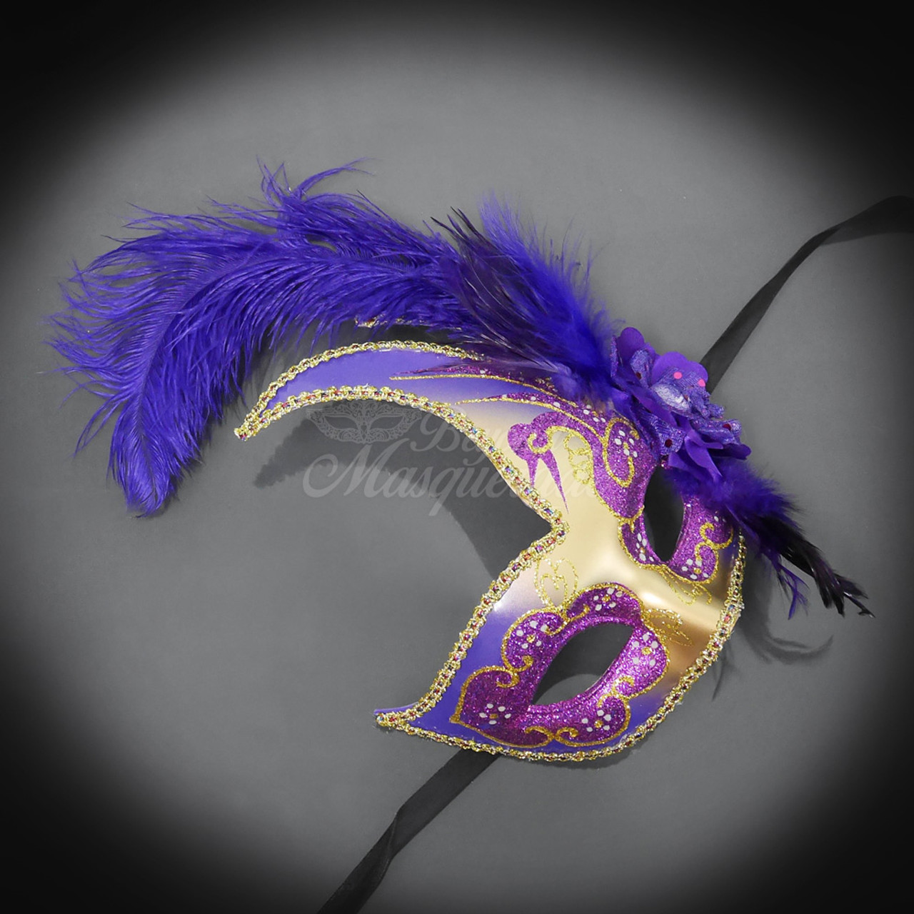 Feather Venetian Mardi Gras Masquerade Mask for Women Gold Black M6131