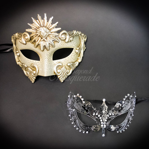 Silver masquerade masks for couples. The ivory masquerade mask for men matches beautifully with the silver women's masquerade mask.