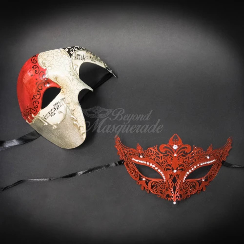 Red Couple's masquerade masks and matching masquerade masks for prom.