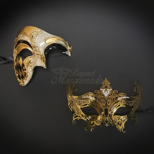 Gold couple's masquerade masks and matching masquerade masks for prom.