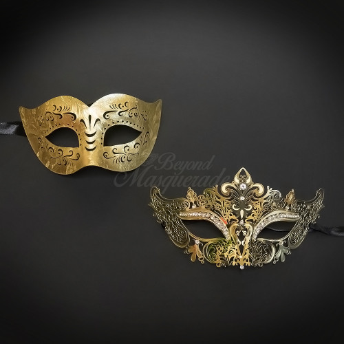 Couple's Masquerade Masks | Leather Metal Masquerade Masks Gold