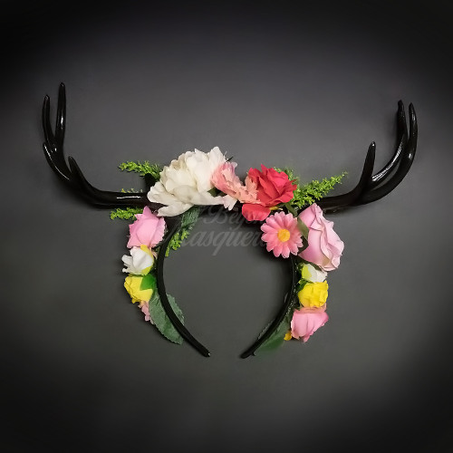 Deer antlers headband with pink flowers. Deer antlers headband, reindeer headband for Halloween and Christmas.