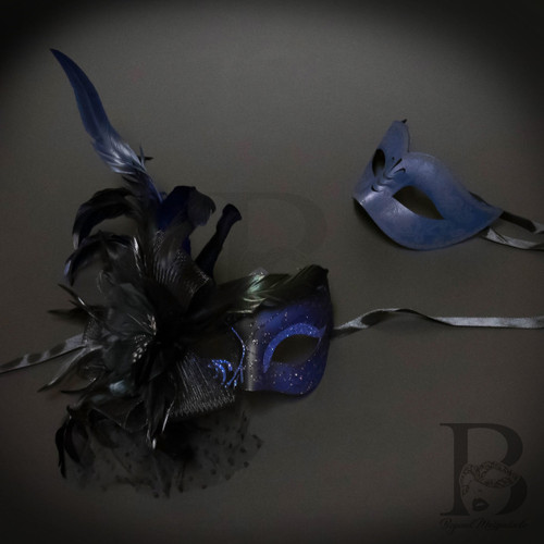 Couple's masquerade masks for prom. Blue prom dress for masquerade prom party.