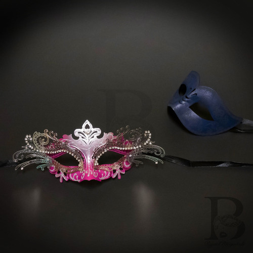 Couple's masquerade masks for prom. Blue prom dress for masquerade prom party.