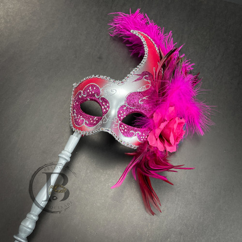 Venetian Feather Stick Masquerade Mask, Stick Masquerade Masks, Mardi Gras Silver Hot Pink Masquerade Ball Mask Venetian Feather Stick Masquerade Mask, Stick Masquerade Masks, Mardi Gras Silver Hot Pink Masquerade Ball Mask