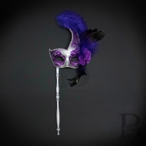 Venetian Feather Stick Masquerade Mask, Stick Masquerade Masks, Mardi Gras Silver Purple Masquerade Ball Mask Venetian Feather Stick Masquerade Mask, Stick Masquerade Masks, Mardi Gras Silver Purple Masquerade Ball Mask