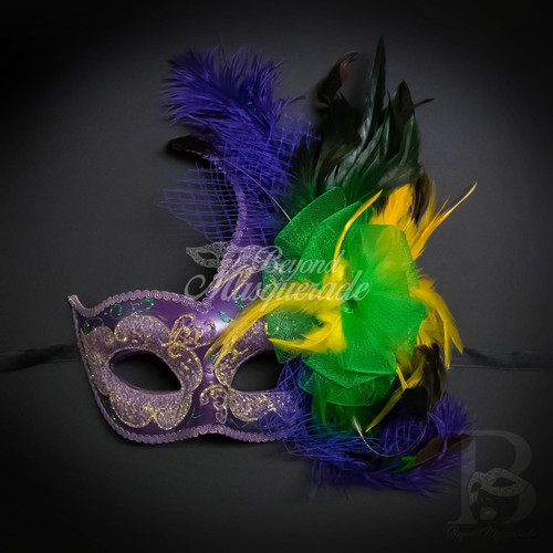 Purple, Green and Gold Sequin and Feather Mardi Gras Mask - DZ - 12 Masks