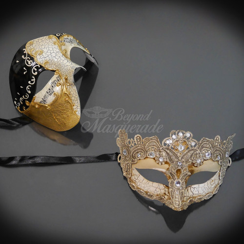 Black musical ivory Couple's masquerade masks and matching masquerade masks for prom.