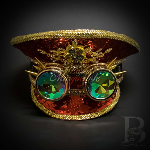 Red Glitter Steampunk Goggle Hat, Steampunk masks, steampunk masquerade masks, women’s steampunk mask, masquerade masks for Men
