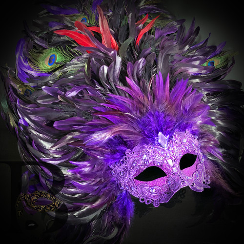 Venetian Carnival Large Feather Masquerade Mask Mardi Gras Yellow Purple Green