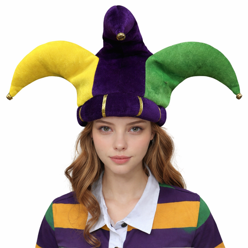 Mardi Gras Unisex Jester Hat – Plush Purple, Green & Gold Statement Headpiece