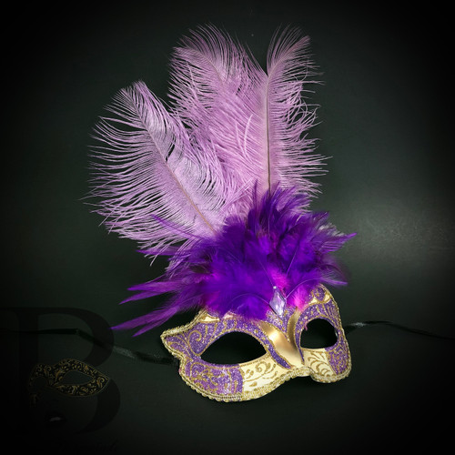 purple and gold mask, wisteria purple, purple feather masquerade mask, purple mask.