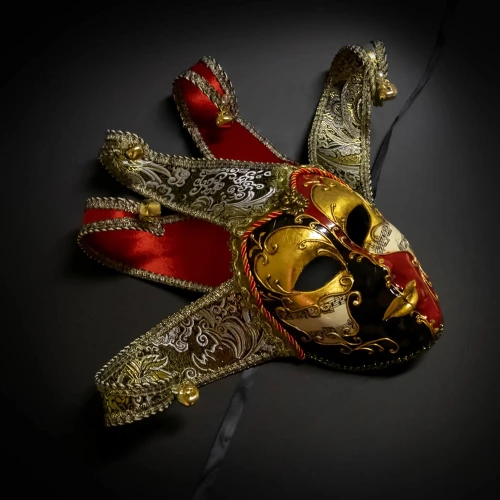 Venetian jester mask, masquerade jester  costume ball mask, black gold red jester masquerade mask