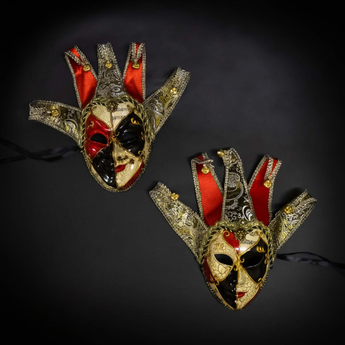 Couple's Venetian jester mask, masquerade jester  costume ball mask, gold red black jester masquerade mask Couple's Venetian jester mask, masquerade jester  costume ball mask, gold red black jester masquerade mask
