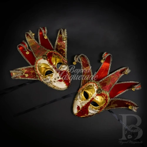 Couple's Venetian jester mask, masquerade jester  costume ball mask, gold red jester masquerade mask