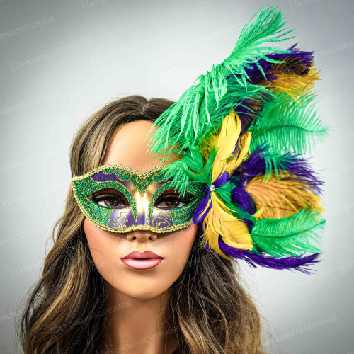 Venetian Glitter Crystal Mardi Gras Mask with Peacock Large Feather - Green  Yellow