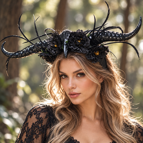 Black Gothic Horned Raven Flower Headpiece – Demon Horn Feather Floral Halloween Costume Crown