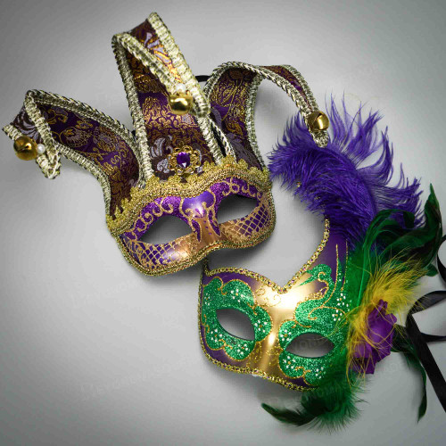 mardi gras masks, couples masquerade masks, jester masks, jolly jester masks, venetian carnival mask, party mask, large feather masquerade masks, purple feather masquerade mask, large feather mask, carnival masquerade mask, mardi gras party masks, mardi gras masquerade masks