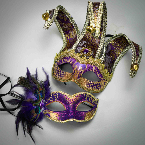 mardi gras masks, couples masquerade masks, jester masks, jolly jester masks, venetian carnival mask, party mask, large feather masquerade masks, purple feather masquerade mask, large feather mask, carnival masquerade mask, mardi gras party masks, mardi gras masquerade masks