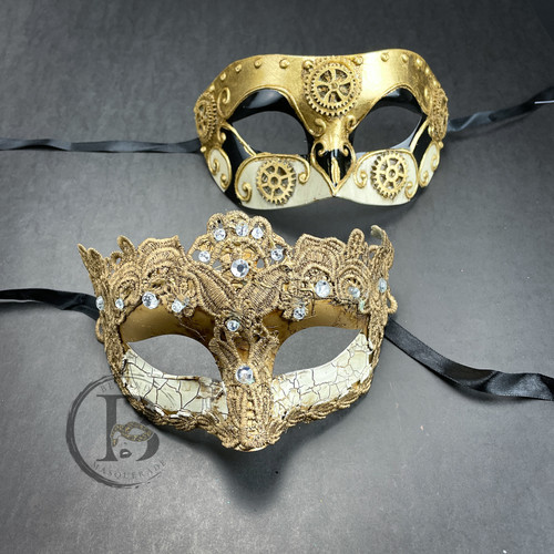Couple's Masquerade Masks, Gold Venetian Lace Masquerade Ball Mask, Prom Mask, Halloween Masks, Goddess Masquerade Mask Medieval Gold