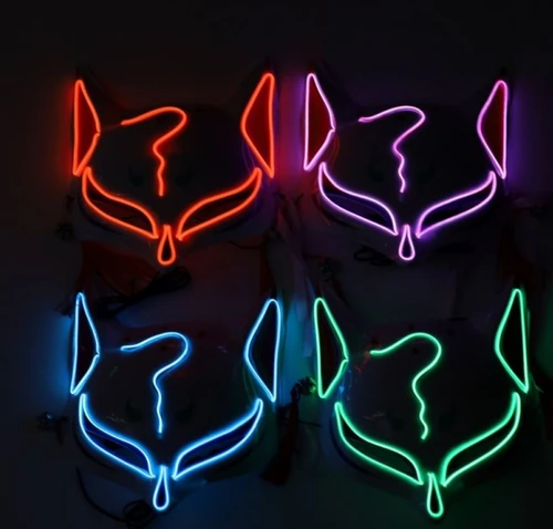 Kitsune Fox Masks Cosplay Slayer LED Light Up Masquerade Mask with Tassel and Painted Bells Halloween Costume Japanese Fox Animal Mask
