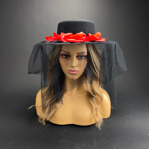 Top Hat Black Hat with Veil and Red Roses 