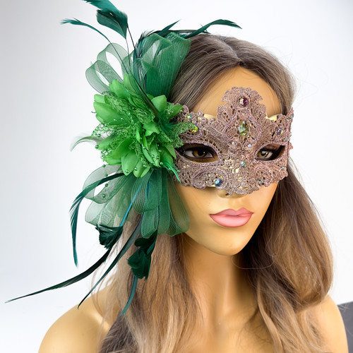 green and pink masquerade mask