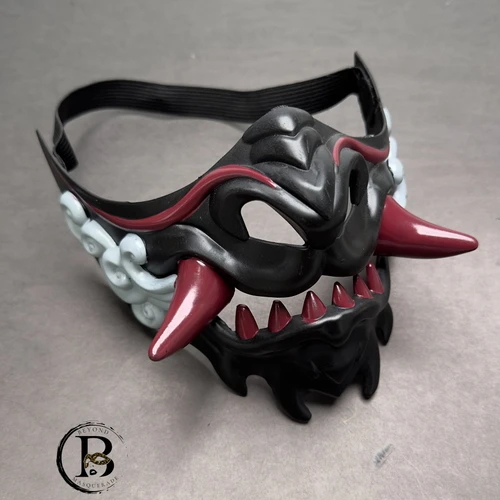 black red Oni Mask Samurai Mask Half Face Japanese Warrior Mask Ghost Warrior Character Masks Novelty Halloween Party Cosplay Costume Cool Halloween Cosplay Prop for Boys Girls Adults Kids Party Accessory