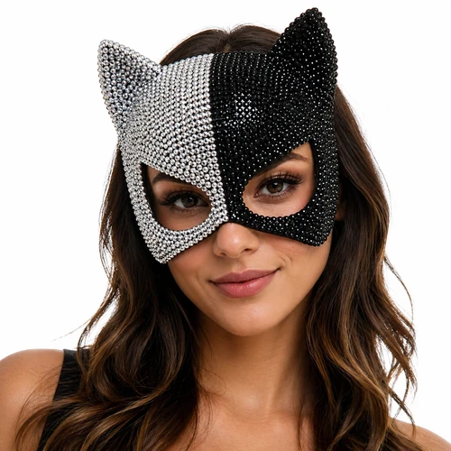 Women’s Rhinestone Cat Ear Mask – Silver Black Glitter Masquerade Mask