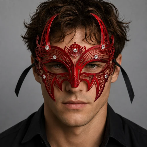 Red Metal Masquerade Mask for Men Venetian Filigree Rhinestone Costume Mask