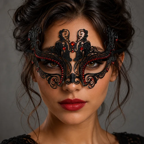 Red Rhinestone Masquerade Mask for Women – Black Venetian Metal Filigree Mask