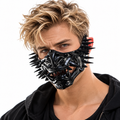 Black scary demon mask, half face demon mask, Halloween costume mask, cosplay demon mask, devil mask, spiked Halloween mask, masquerade mask men, gothic Halloween costume