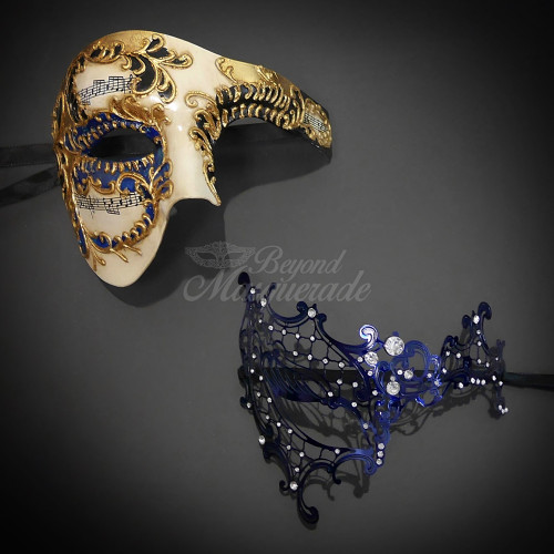 Masquerade Masks for Couples | Phantom Masquerade Mask Blue Gold
