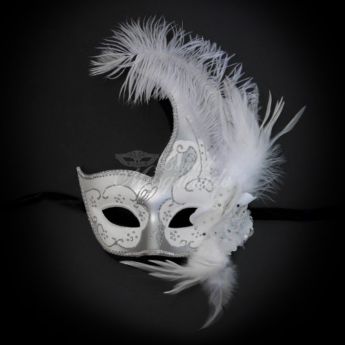Masquerade Mask - White - Rhinestone And Feathers - Tassels from Apollo Box