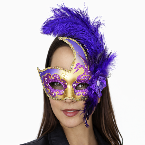 Feather Masquerade Party Mask Gold Purple M6131