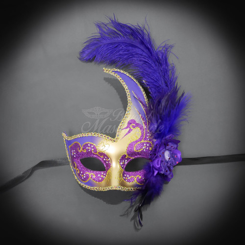 Feather Masquerade Party Mask Gold Purple M6131